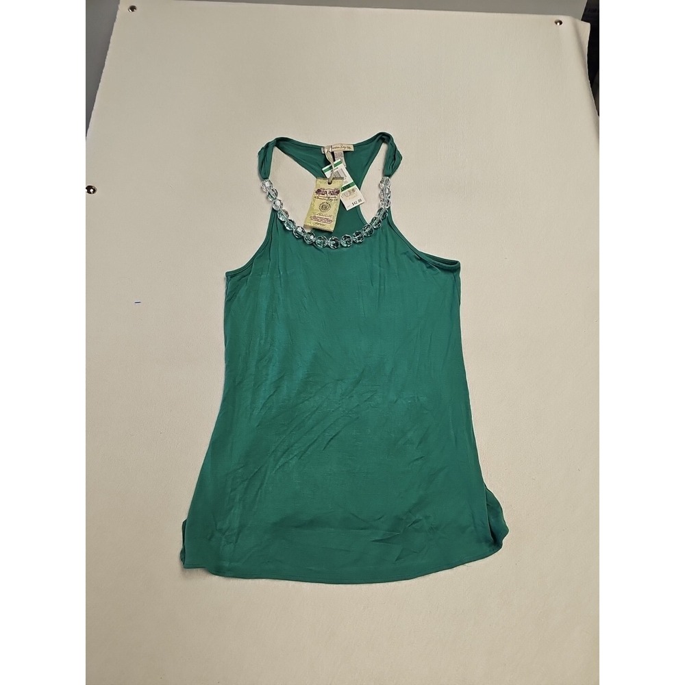 AMERICAN RAG CIE Women's Boho Cami T/Racer Back Green Beaded Neckline Size L New